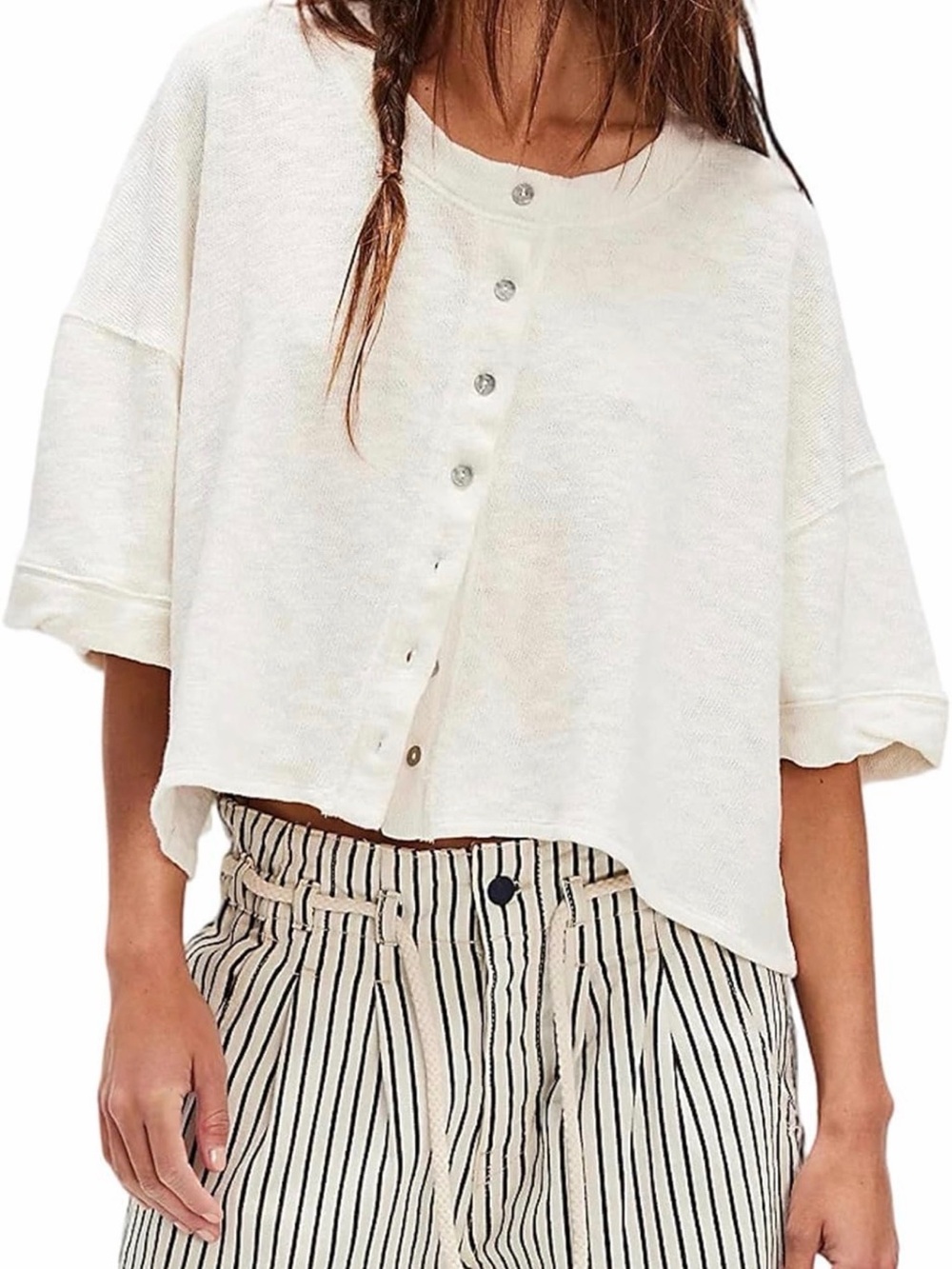 Relaxed Cream Button-Front Women's Shirt - Picture 2 of 7
